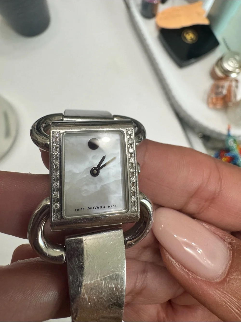 Movado Women's Silver-Tone Bracelet Watch with Mother-of-Pearl Dial